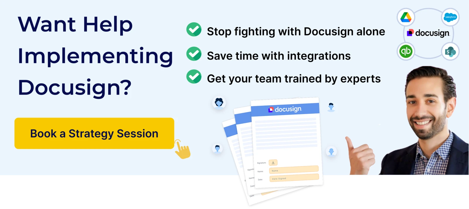 Book a Docusign implementation strategy session with Solusign for integration support and team training
